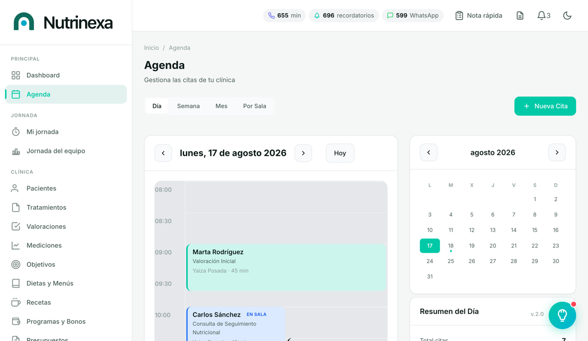 Gestión de agenda — Nutrinexa Inteligente